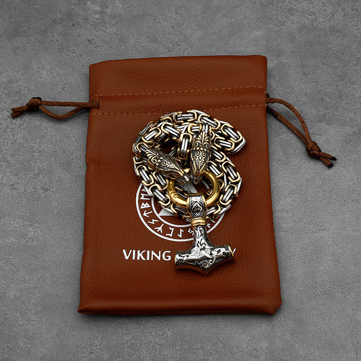 Wolf’s Head Thor’s Hammer Viking Mjolnir Necklace King's Chain - Gold & Steel