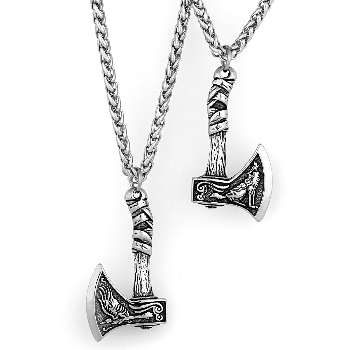 Viking Wolf and Odin Crow Axe Necklace Pendant Jewelry