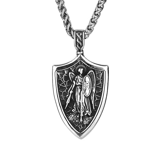 Angel Shield Archangel Michael Amulet Stainless Steel Pendant with Prayer