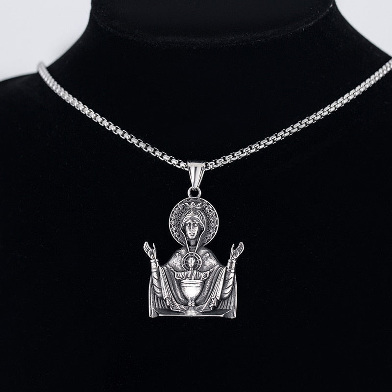 Santa Maria Prayer Necklace Pendant | Religious Fashion Pendant | Silver Santa Maria Pendant | Womens Mens Silver Chain