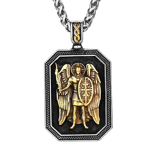 Gold Archangel Michael Cross Shield Prayer Tag Titanium Stainless Steel Pendant
