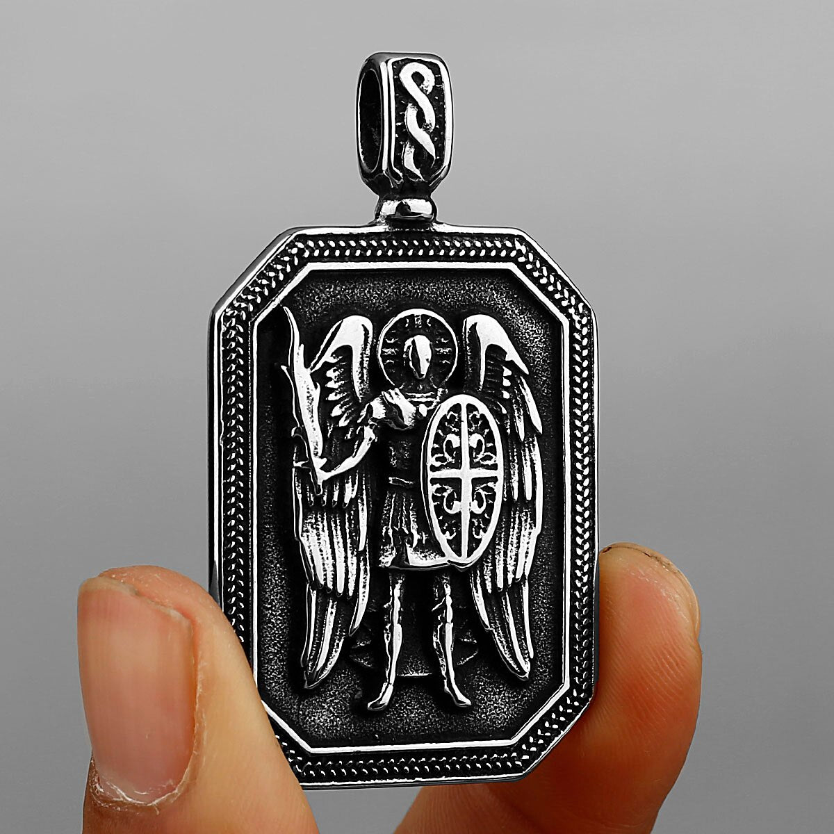 Gold Archangel Michael Cross Shield Prayer Tag Titanium Stainless Steel Pendant