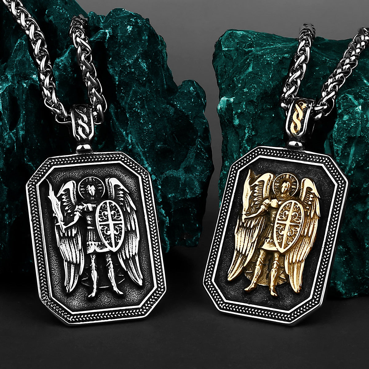 Gold Archangel Michael Cross Shield Prayer Tag Titanium Stainless Steel Pendant