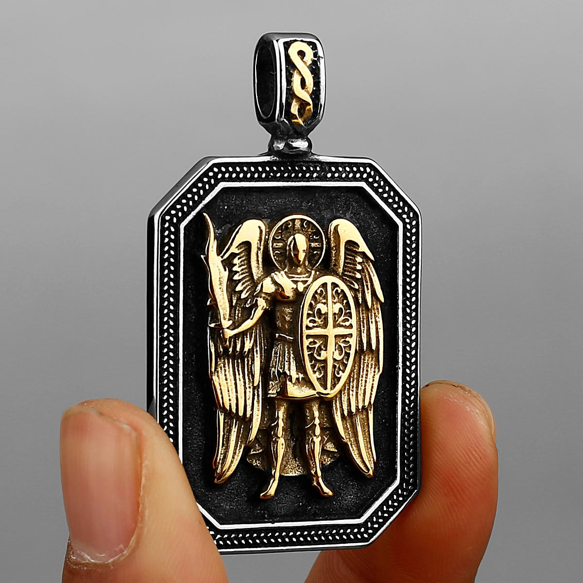 Gold Archangel Michael Cross Shield Prayer Tag Titanium Stainless Steel Pendant