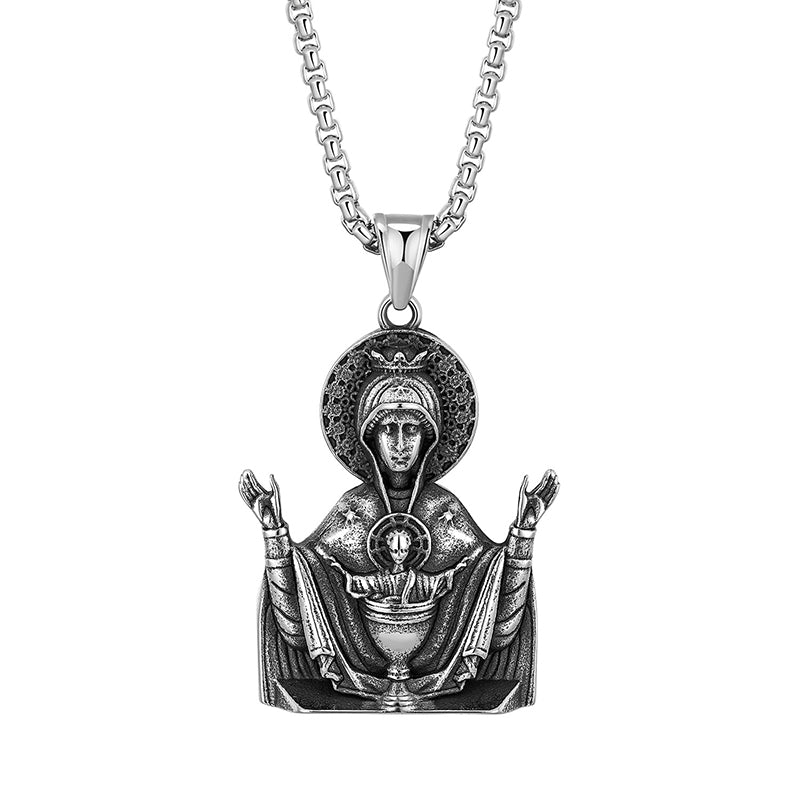 Santa Maria Prayer Necklace Pendant | Religious Fashion Pendant | Silver Santa Maria Pendant | Womens Mens Silver Chain