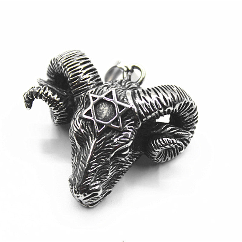 Stainless Steel Hexagonal Star Satan Ram Bull Head Pendant Necklace