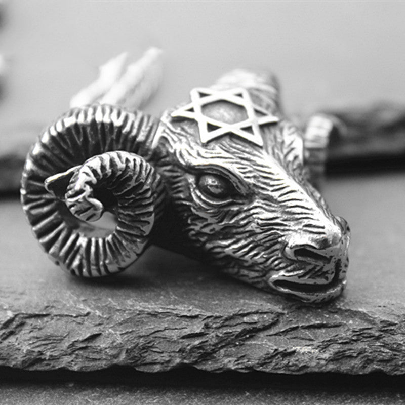 Stainless Steel Hexagonal Star Satan Ram Bull Head Pendant Necklace