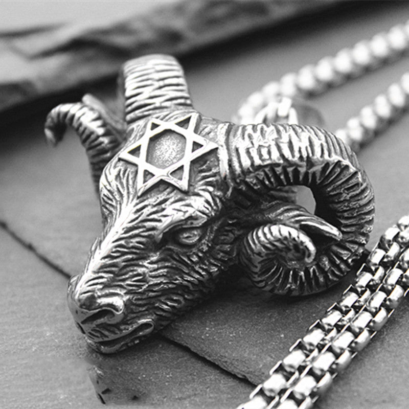 Stainless Steel Hexagonal Star Satan Ram Bull Head Pendant Necklace