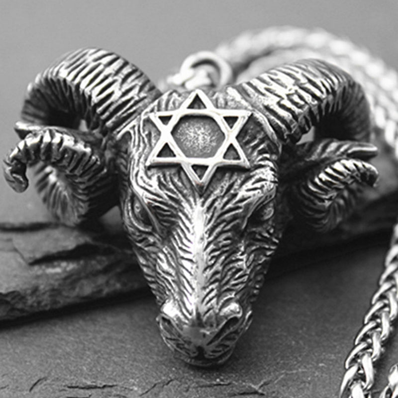 Stainless Steel Hexagonal Star Satan Ram Bull Head Pendant Necklace