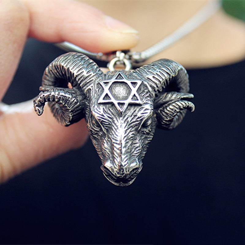 Stainless Steel Hexagonal Star Satan Ram Bull Head Pendant Necklace