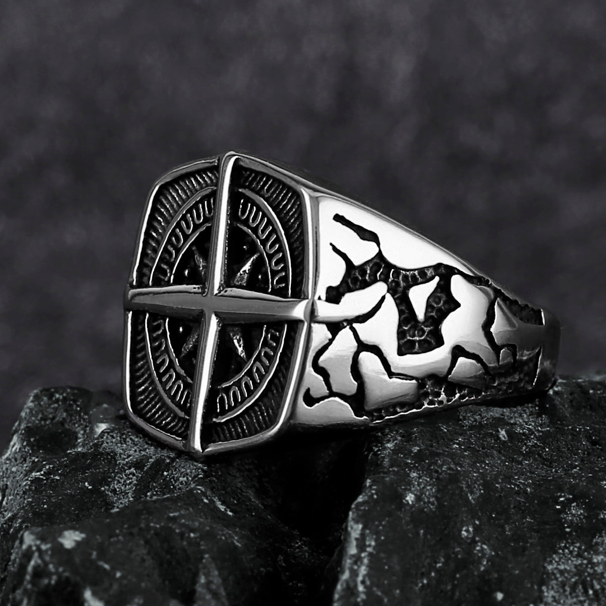 Cross Nautical Chart Amulet Stainless Steel Ring Jewelry