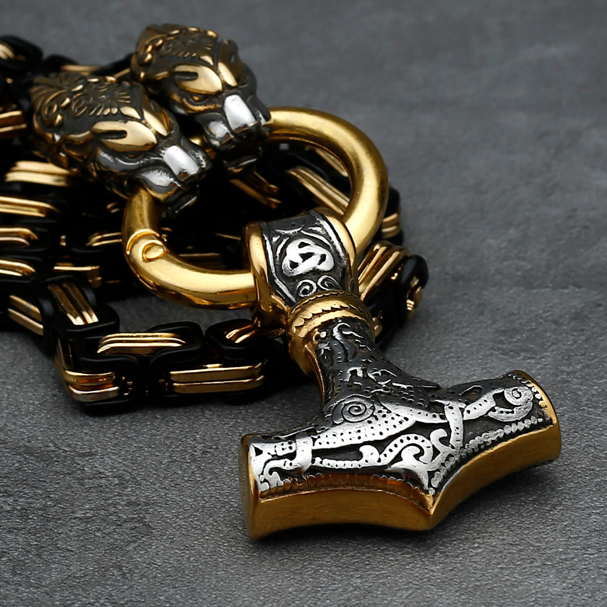 Wolf’s Head Thor’s Hammer Viking Mjolnir Necklace King's Chain - Gold & Steel