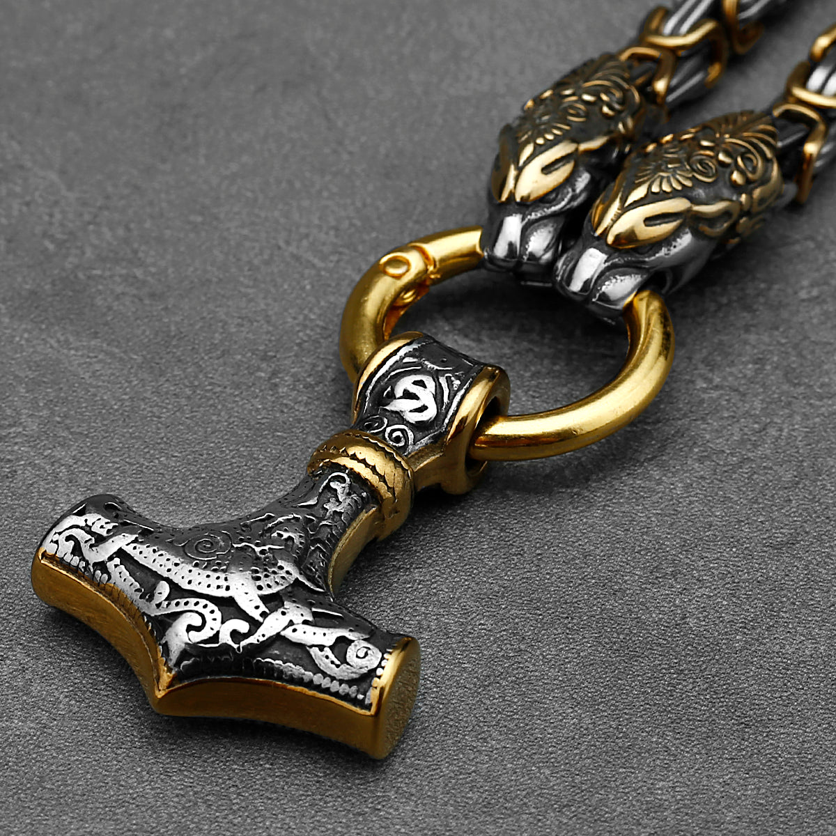 Wolf’s Head Thor’s Hammer Viking Mjolnir Necklace King's Chain - Gold & Steel