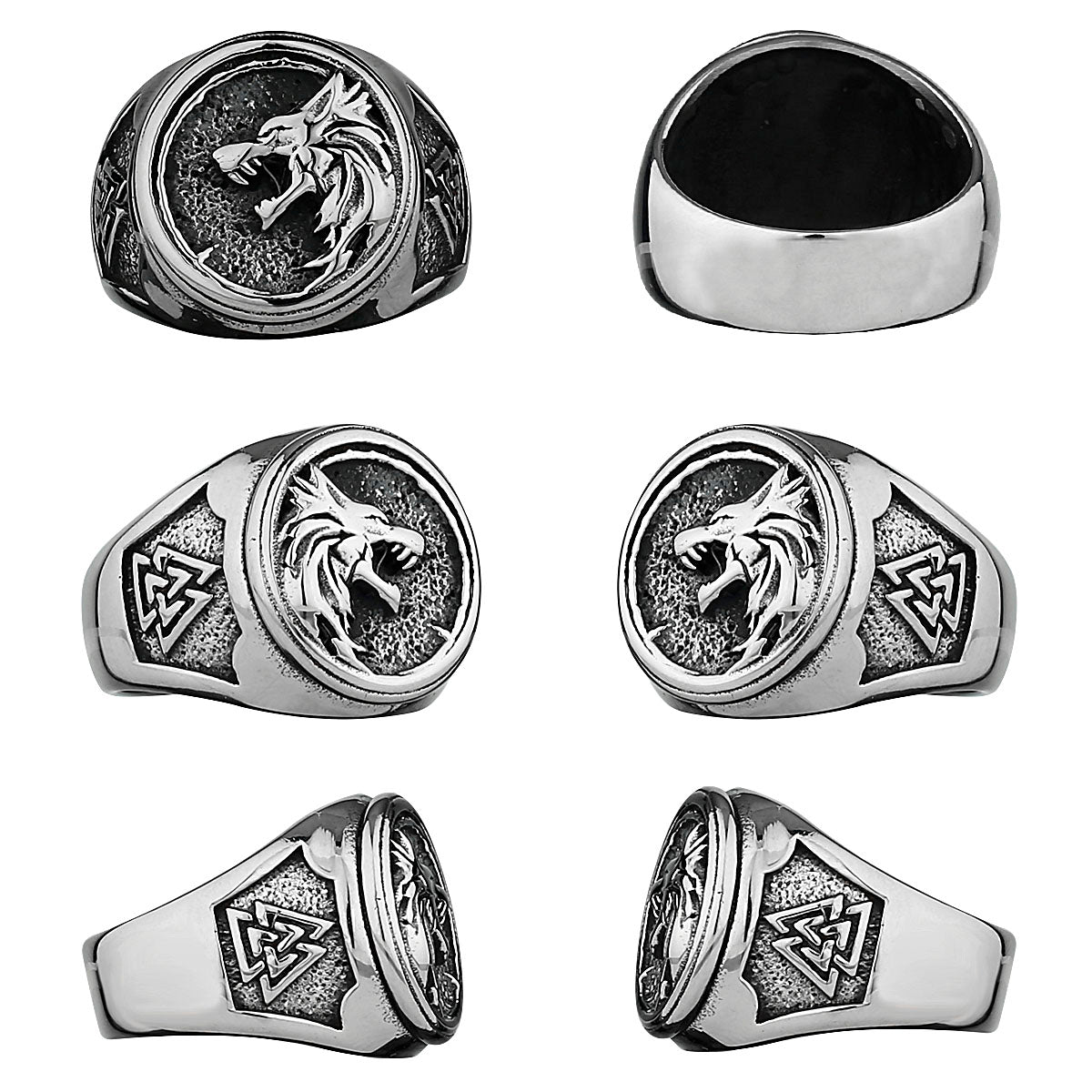 Viking Valknut Rune Wolf Geri and Freki Ring