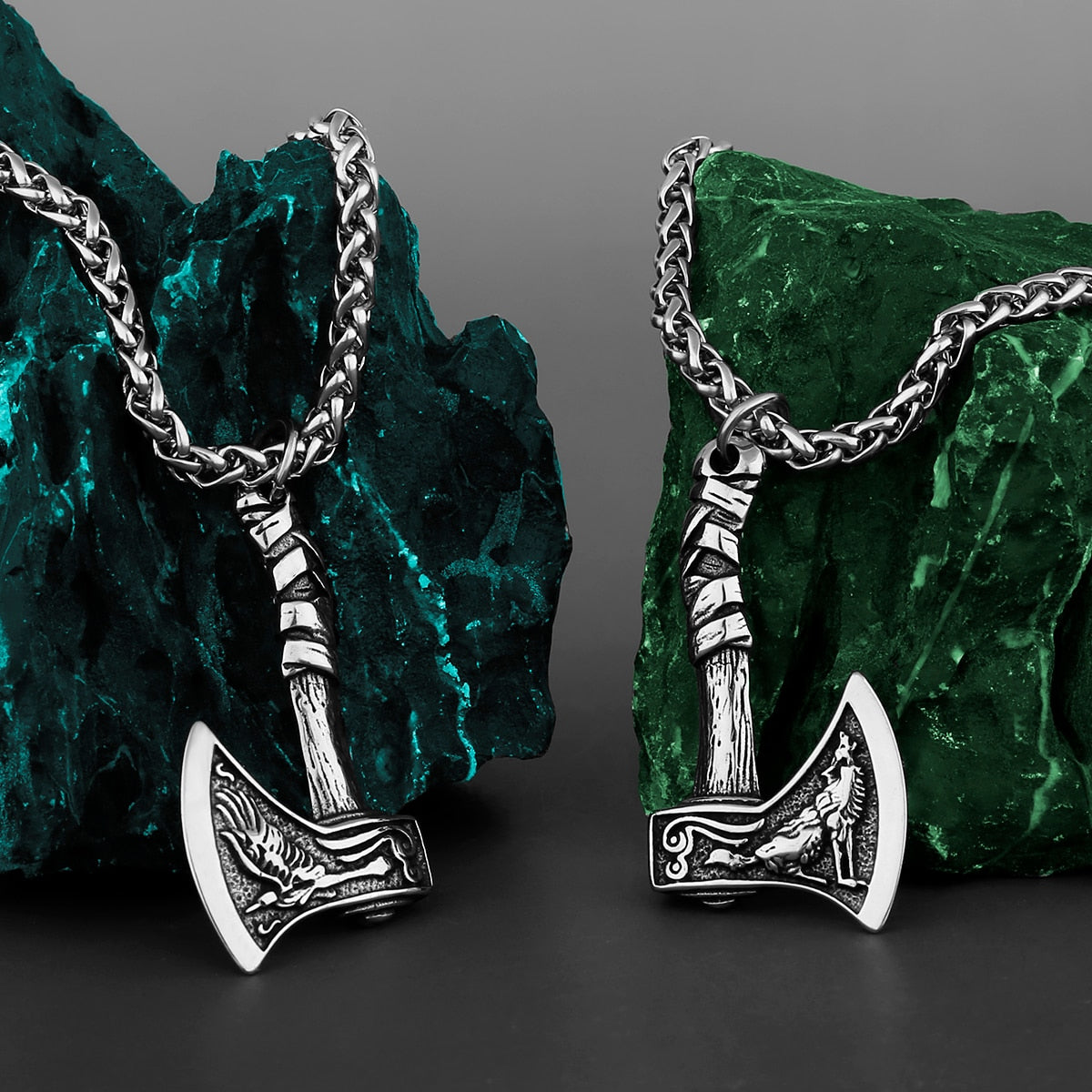 Viking Wolf and Odin Crow Axe Necklace Pendant Jewelry