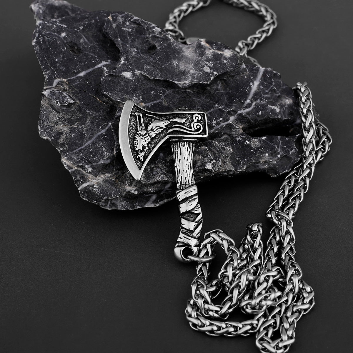 Viking Wolf and Odin Crow Axe Necklace Pendant Jewelry