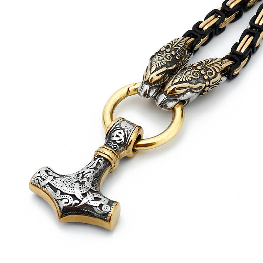 Wolf’s Head Thor’s Hammer Viking Mjolnir Necklace King's Chain - Gold & Steel