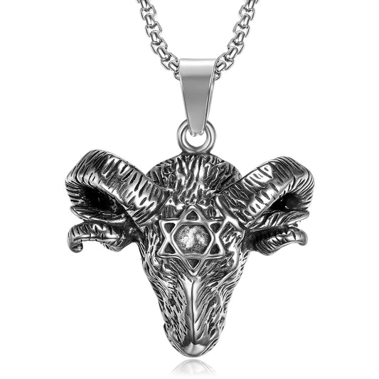 Stainless Steel Hexagonal Star Satan Ram Bull Head Pendant Necklace